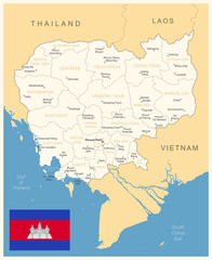 Cambodia - detailed map with administrative divisions and country flag.