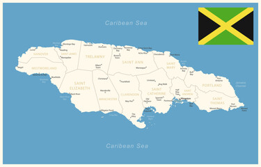 Jamaica - detailed map with administrative divisions and country flag.