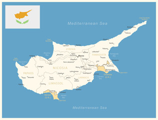 Cyprus - detailed map with administrative divisions and country flag.