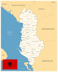 Albania - detailed map with administrative divisions and country flag. - obrazy, fototapety, plakaty
