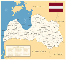 Obraz premium Latvia - detailed map with administrative divisions and country flag.