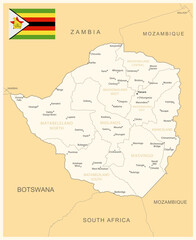 Zimbabwe - detailed map with administrative divisions and country flag. - obrazy, fototapety, plakaty