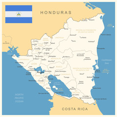 Nicaragua - detailed map with administrative divisions and country flag.