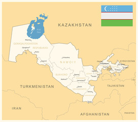 Obraz premium Uzbekistan - detailed map with administrative divisions and country flag.