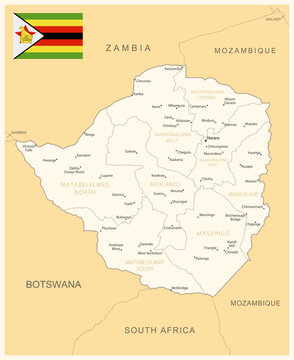 Zimbabwe - detailed map with administrative divisions and country flag.