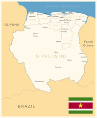 Suriname - detailed map with administrative divisions and country flag.