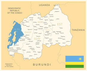 Rwanda - detailed map with administrative divisions and country flag.