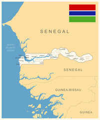 Gambia - detailed map with administrative divisions and country flag.