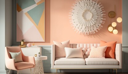 living room with a blank pastel peach pink wall deco Generative Ai