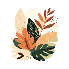 abstract foliage wall art vector background. Tropical leaf in hand drawn style, leaves, organic shapes, earth tone colors, Wall decoration collection design for interior, poster, covers