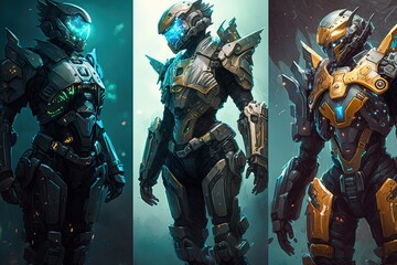Three different images of a robot suit