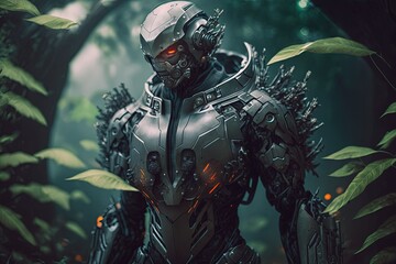 A robot standing in the middle of a forest