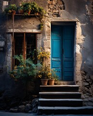 Fototapeta na wymiar Generative Ai. Vintage doors and walls entwined with greenery