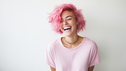 young laughing woman with pastel pink hair, tongue sticking out, blue eyes, peace gestures funny...