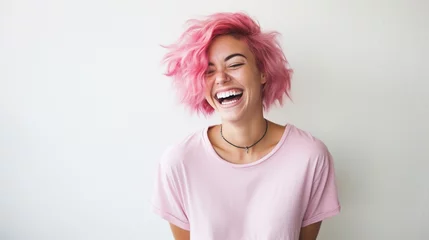Fotobehang young laughing woman with pastel pink hair, tongue sticking out, blue eyes, peace gestures funny facial expressions © Valery Zayats