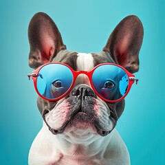 A french bulldog wearing red sunglasses on a blue background