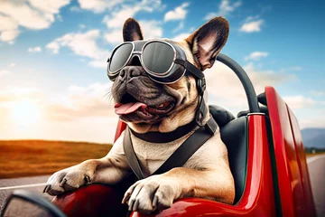 Tuinposter Close-up of a funny french bulldog with goggles in a pedal car © EKH-Pictures