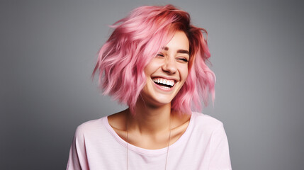 young laughing woman with pastel pink hair, tongue sticking out, blue eyes, peace gestures funny facial expressions