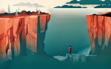 A person walking away from a cliff symbolizing the need to take risks and overcome fear. Psychology art concept. AI generation.