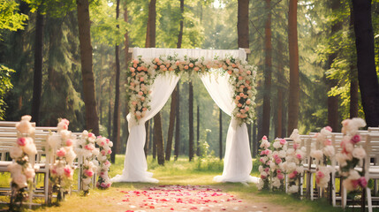 Beautiful romantic festive place made with wooden square and floral roses decorations for outside wedding ceremony in green park. Wedding settings at scenic place. Horizontal color photography.