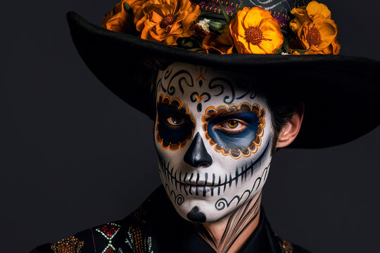 Generative AI illustration of young man with hat in skeleton Halloween makeup looking at camera while on black background