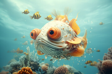 Fototapeta na wymiar Golden Fish-robot in the sea, 3D, bright illustration, color postcard. Generated AI