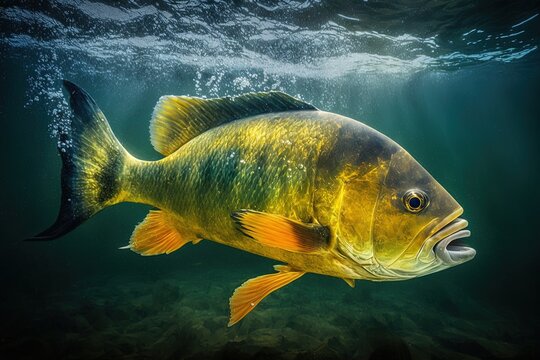 A large fish with its mouth open in the water