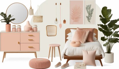 Minimalist objects decorating a furniture in bedroom Generative Ai