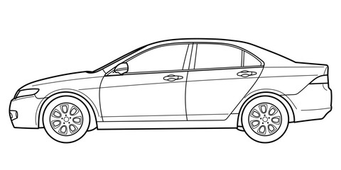Classic business class sedan car. 4 door car on white background. Side view shot. Outline doodle vector illustration