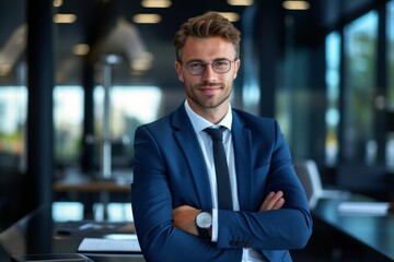 Fototapeta premium Portrait of a fictional businessman in suit smiling in an office. Generative AI.