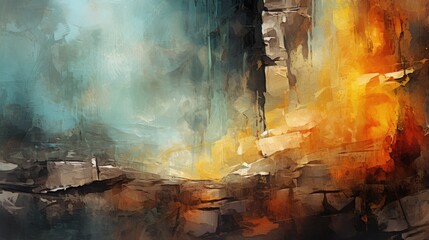 Painting with a destroyed stone wall. Old ruined brick wall. Digital artistic decorative background. Illustration for banner, poster, cover, brochure or presentation.