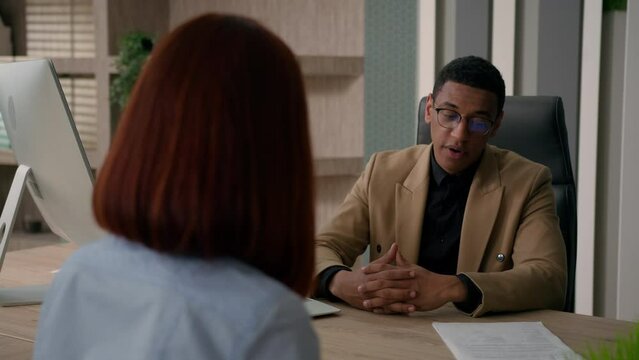 African American businessman talk to woman client business job interview in office HR manager man upset with cv application refuse applicant in employment negative decision fail no rejection jobless