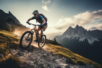 Naklejka na ściany i meble Cyclist riding bicycle on mountain trail.