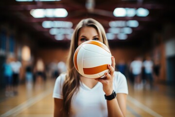 Fototapeta na wymiar Volleyball ball in hands of a female player standing in gym. Generative AI