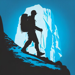 Pictogram of a hiker climbing a mountain in dark blue tones. AI Generated