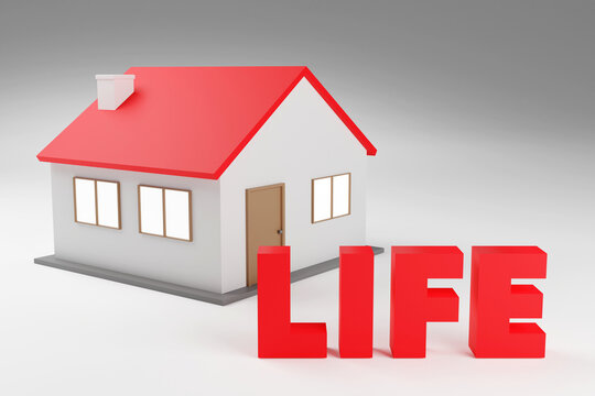 Small cute house with red text saying Life next to it