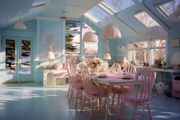 Generative AI illustration of luxurious very bright Dining room decorated with pastel colors