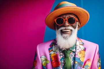 Fototapeta premium Generative AI illustration of Old man smiling very happy dressed in a lot of style and hat and colorful