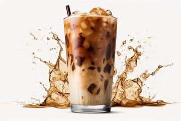 Fototapeta na wymiar A glass of iced coffee with a straw sticking out of it