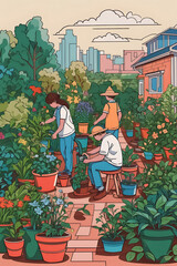 Activity of people in the gardening. Vector Illustration hand draw line art doodle style.