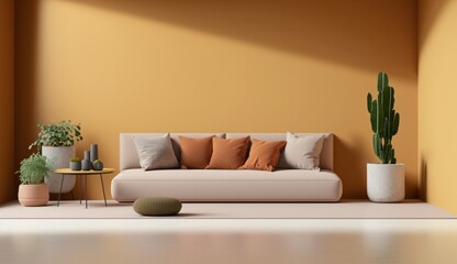 mock up room blank wall the sofa with cushions in brow Generative Ai