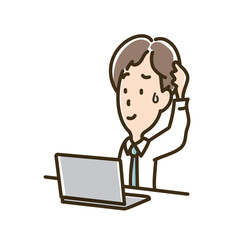 パソコンを見ながら困惑する男性