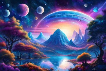 Obraz na płótnie Canvas Mystical Planets & Cosmic Fantasy Colorful 16k Art with NASA Elements, Hyperrealism & Magical Alien Plants. Trending on Artstation! Generative AI