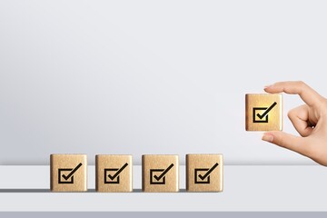 Checklist concept, Check image on wooden cubes or blocks