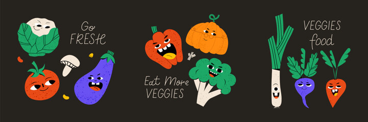 Set of 3 postcards. Cute vegetable character with funny kawaii face. Hand drawn cartoon cute illustration for stickers, posters, wall art. Summer print.