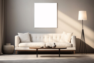 Modern living room with white sofa, wooden coffee table, floor lamp, and gray wall with white frame. Generative AI