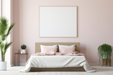 Mock up poster frame in modern interior background. Cozy bedroom with white bed, wooden nightstand, green plant, and pink art pieces. Generative AI