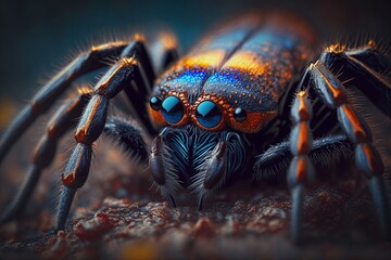 A close up of a blue and orange spider