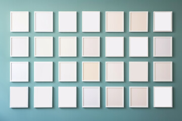 blank white photo frames on a light blue wall. Generative AI
