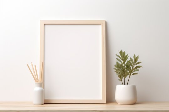 a blank picture frame on a wooden shelf with a vase of reed diffusers and a potted plant. Generative AI